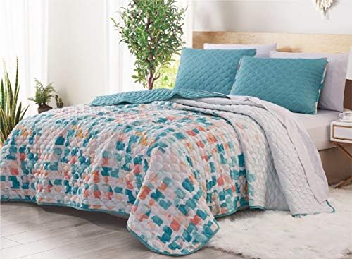 Jaba 3-Piece Fine Printed King Size Quilt Set, All-Season Bedspread, Billie Coverlet with Pillow Shams Bed Cover (Turquoise Blue, White, Orange Abstract)