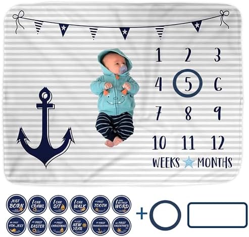 Nautical Baby Monthly Milestone Blanket with 12 Stickers, First Year Calendar Monthly Growth Tracker, Baby Boy Month Blanket 60"x40", Newborn Photo Background Photo Prop, Striped Anchor Nursery