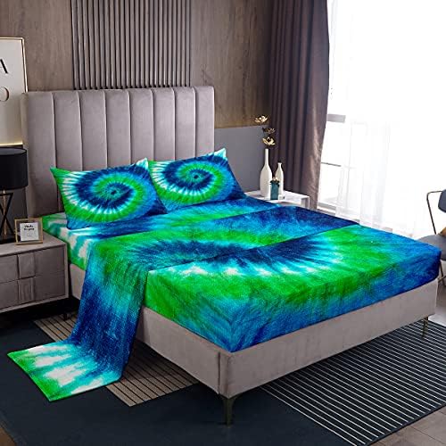 Castle Fairy Girl Tie Dye Fitted Sheet Set with 2 Pillowcase, Boho Hippie Swirl Imitation Tie Dyed, Soft Cool Hotel Top Flat Sheet Luxury Microfiber, Queen Size, Green Blue