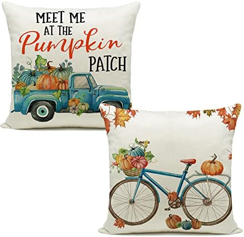 Sadaunbe Fall Decor Throw Pillow Covers Set of 2 Fall Pillow Case 18 x 18 for Cushion Sofa Bed Outdoor Decor Bike and Truck, 18 x 18 Inches
