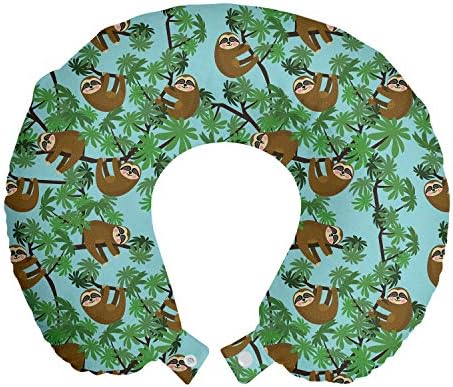 Lunarable Animals Travel Pillow Neck Rest, Natural Theme Sloths Sleeping on Exotic Trees in Tropical Jungle, Memory Foam Traveling Accessory for Airplane and Car, 12", Caramel Fern