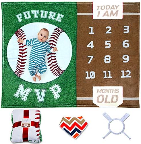 Sukoon Monthly Milestone Blanket for Baby Boy \/ Girl | Baseball Theme | Includes Frame and Bib | Large | 47"x40" | Personalized Baby Month Blanket for Newborn Baby Shower