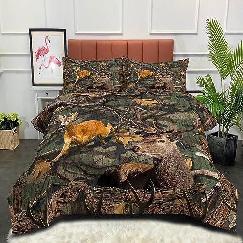 MWMWMW Deer Bedding Sets for Kids, Boys Comforter Queen Size, Western Farmhouse Hunted Animal Bedding, Deer Camo Teen Boys Bedding with 2 Pillowcases